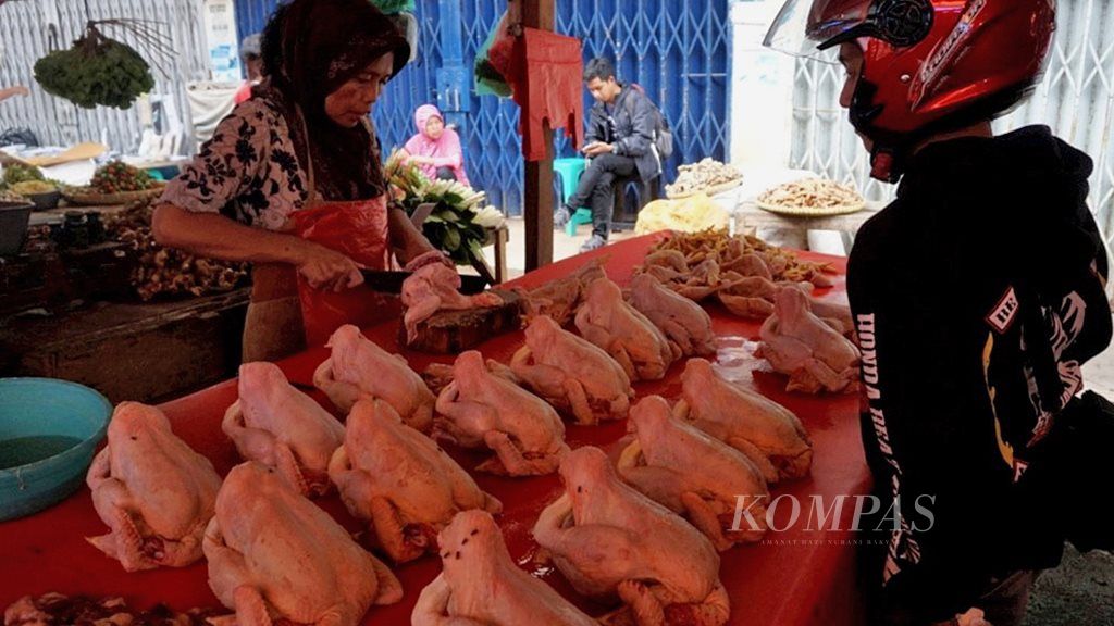 Pedagang di Pasar Smep, Kota Bandar Lampung, sedang melayani pembeli, Selasa (30/5). Selama Ramadhan, harga daging ayam di Kota Bandar Lampung berkisar Rp 24.000-Rp 25.000 per kilogram.