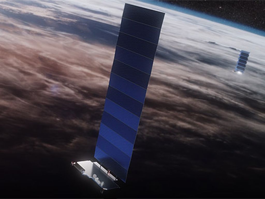 Ilustrasi satelit Starlink milik SpaceX. Starlink dirancang sebagai satelit orbit rendah di ketinggian 550 kilometer dengan membentuk megakonstelasi yang terdiri atas 42.000 satelit. Starlink diharapkan bisa menyediakan layanan akses internet yang murah dan mudah di seluruh muka bumi. Namun, banyaknya satelit yang diluncurkan mengancam manusia dan lingkungannya.