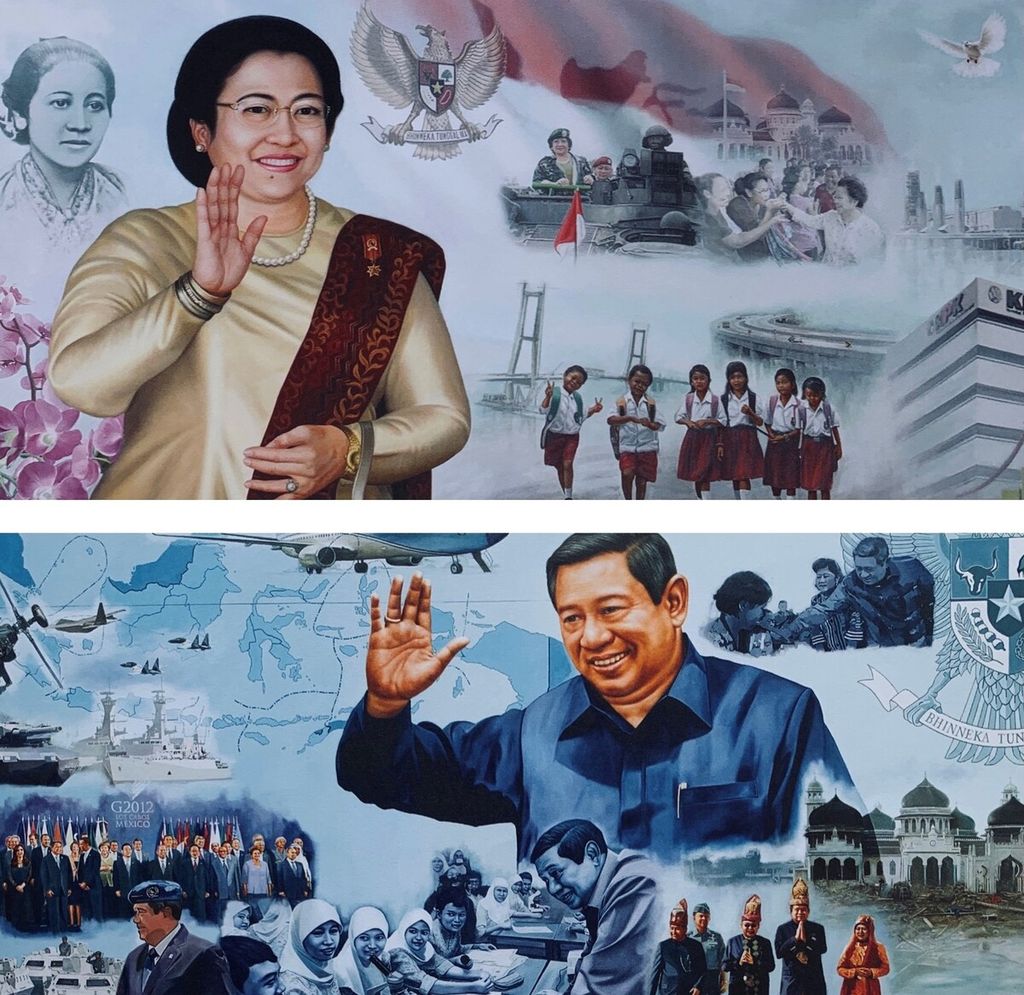A painting of President Megawati Soekarnoputri by Robby Lulianto and a painting of President Susilo Bambang Yudhoyono by Melodia. 