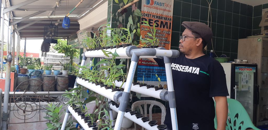 Ahmad Arif Wibowo memberikan pupuk cair ke tanaman kangkung yang dibudidayakan secara hidroponik di rumahnya, Minggu (29/10/2023). Pupuk organik cair ( diproduksi dari air limbah cucian ikan bandeng.