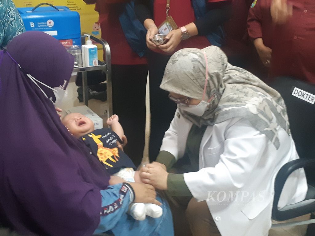 Seorang bayi tengah menjalani vaksinasi PCV di Puskesmas Talang Jambe, Palembang, Sumatera Selatan, Senin (12/9/2022). Pemerintah menyiapkan vaksin pneumococcus konyugasi (PCV) untuk 4,6 juta bayi dan balita di Indonesia. Upaya ini dilakukan untuk menekan risiko anak terjangkit pneumonia dan tengkes.