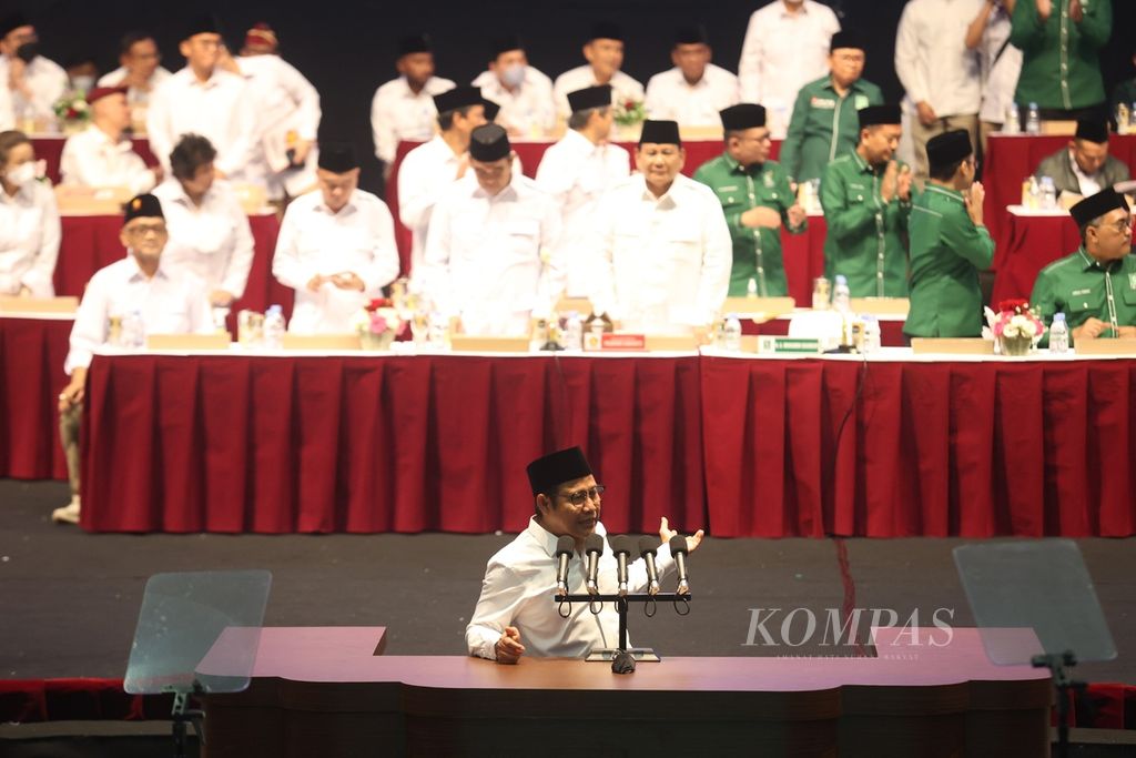 Ketua Umum Partai Kebangkitan Bangsa (PKB) Muhaimin Iskandar berpidato saat deklarasi koalisi antara Partai Gerindra dan PKB dalam Pemilu 2024 di Sentul, Bogor, Jawa Barat, Sabtu (13/8/2022). 