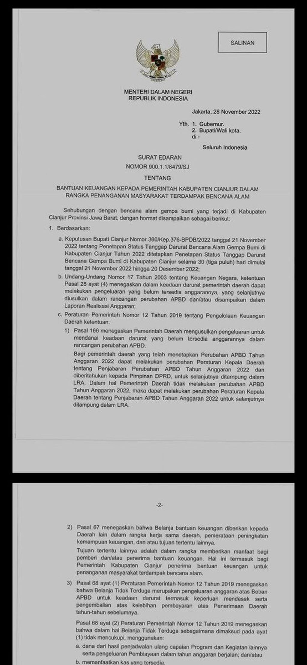 Tangkapan layar Surat Edaran Nomor 900.1.1/8479/SJ yang dikeluarkan Mendagri Tito Karnavian tentang Bantuan Keuangan kepada Pemerintah Kabupaten Cianjur dalam Rangka Penanganan Masyarakat Terdampak Bencana Alam pada Senin (28/11/2022) lalu. 