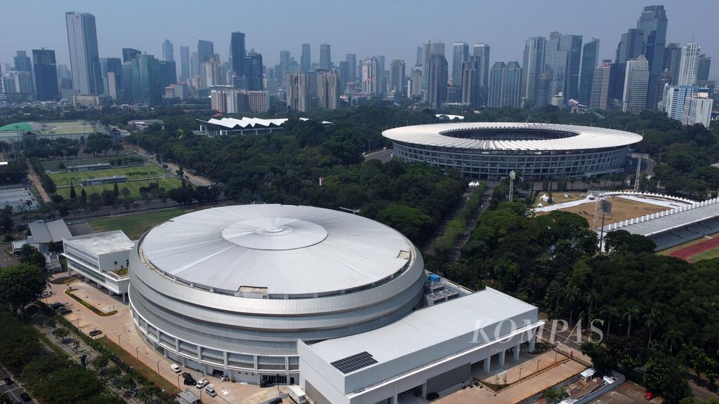 Stadion Indonesia Arena di kompleks olahraga Gelora Bung Karno, Senayan, Jakarta, Senin (31/7/2023). Indonesia Arena akan menjadi lokasi pertandingan Piala Dunia Bola Basket FIBA 2023, 25 Agustus-10 September 2023. 