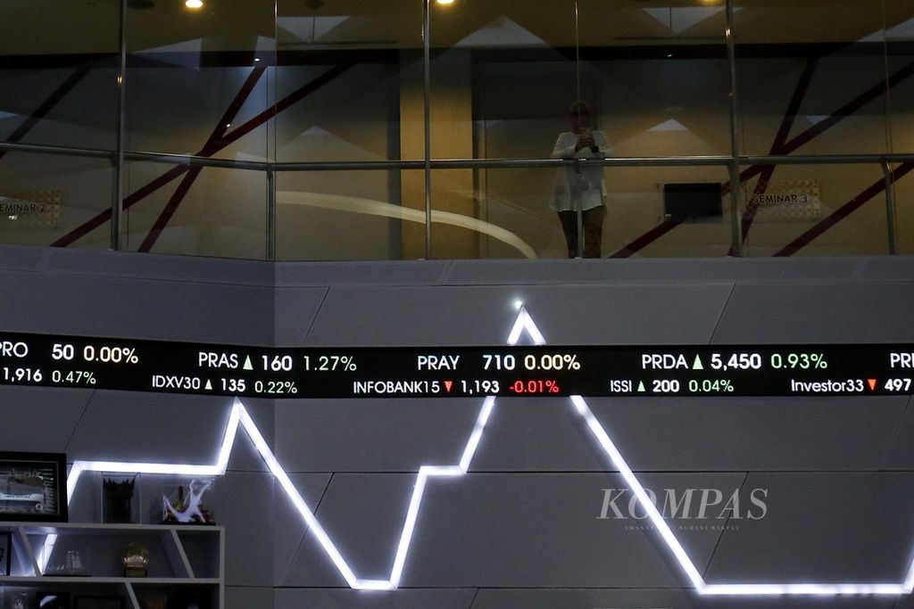Pergerakan harga saham terpantau dari monitor elektronik di dinding gedung Bursa Efek Indonesia, Jakarta, Selasa (4/7/2023).