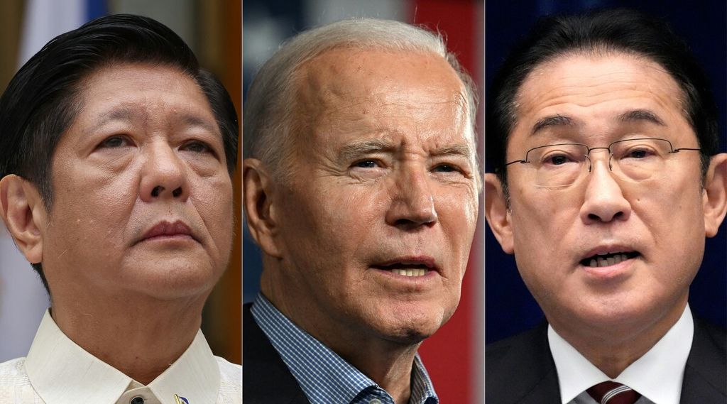 Foto kombinasi memperlihatkan foto Presiden Filipina, Ferdinand Marcos Jr (kiri), Presiden AS, Joe Biden (tengah), dan Perdana Menteri Jepang, Fumio Kishida (kanan).