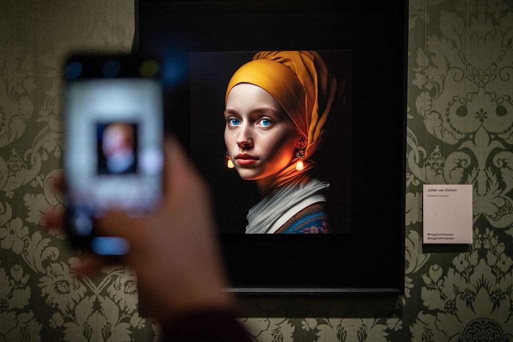 Seorang pengunjung mengambil gambar dengan ponselnya gambar yang dirancang dengan kecerdasan buatan oleh pencipta digital berbasis di Berlin, Julian van Dieken, di Museum Mauritshuis, Den Haag, Belanda, pada 9 Maret 2023. Karya itu terinspirasi oleh lukisan Johannes Vermeer, ”Girl with a Pearl Earring”, yang juga dipajang di museum tersebut.  