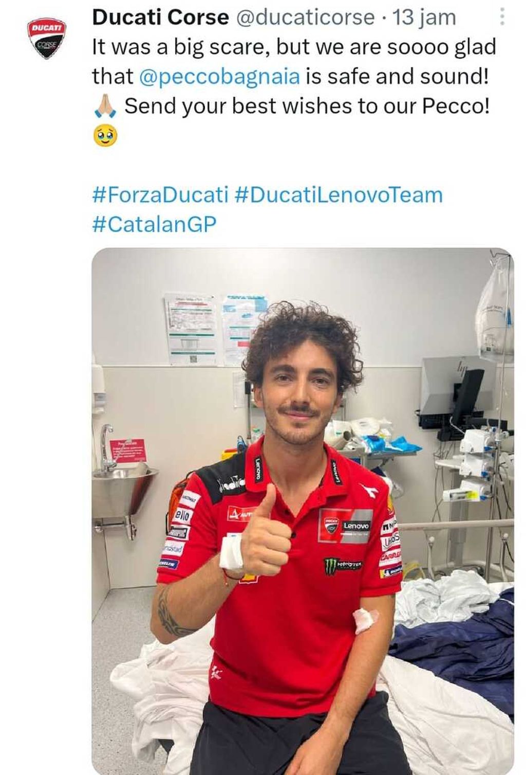 Akun medsos X milik tim Ducati mengabarkan kondisi Francesco Bagnaia baik dan tanpa cedera berarti usai kecelakaan pada ajang MotoGP seri Catalunya, Minggu (3/9/2023)