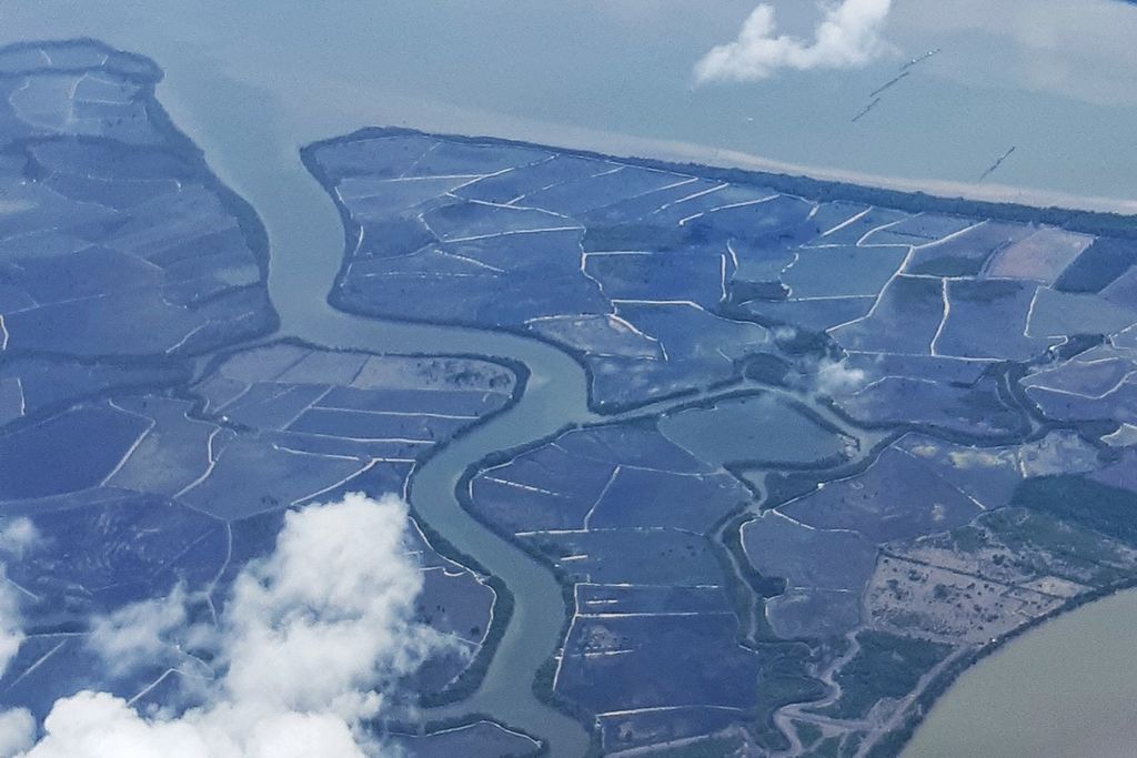 Hutan mangrove yang berubah fungsi menjadi petak-petak tambak di Kalimantan Utara terlihat dari pesawat, Minggu (2/10/2022).