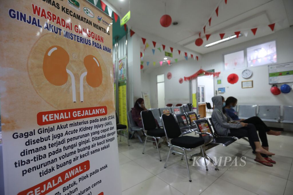 Materi sosialisasi mengenai gejala gangguan ginjal akut pada anak tersedia ruang tunggu di Puskesmas Menteng, Jakarta Pusat, Jumat (10/2/2023). 