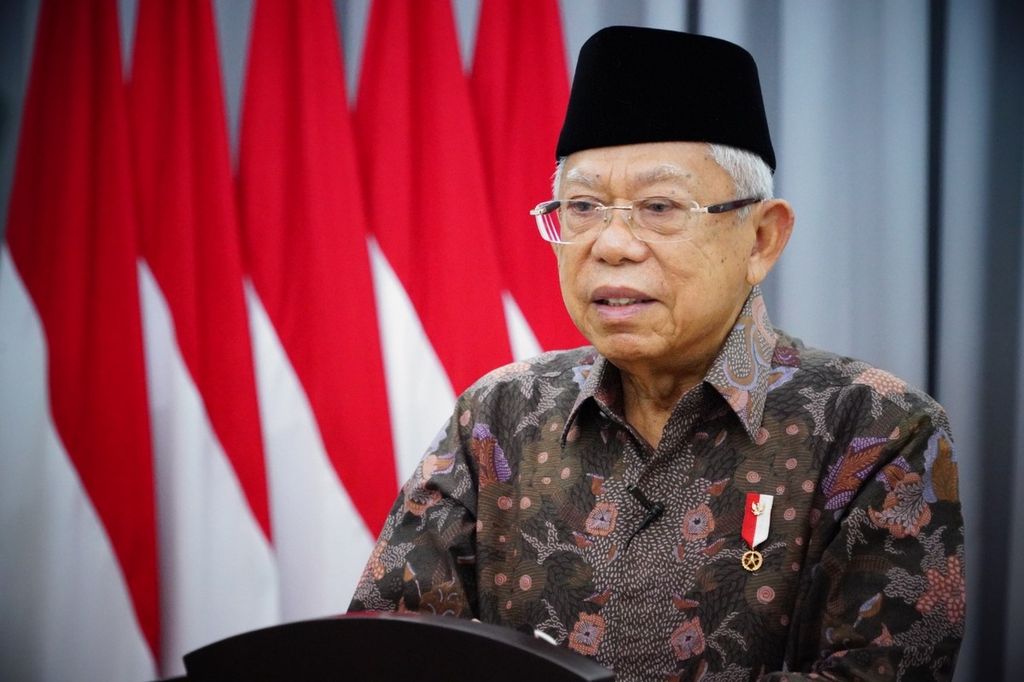 Wakil Presiden Maruf Amin saat memberikan sambutan secara daring pada pembukaan Kongres Nasional Pendidikan Agama Islam Ke-5 Tahun 2022 yang digelar di Universitas Negeri Yogyakarta, Kamis (11/8/2022).