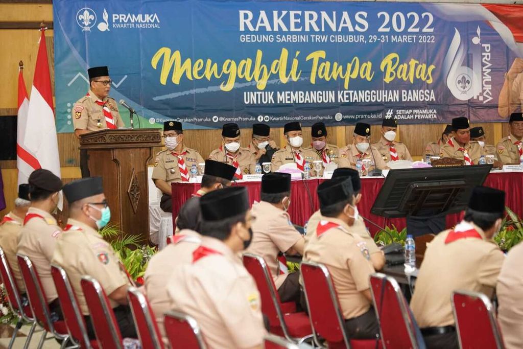 Suasana Rapat Kerja Nasional (Rakernas) Gerakan Pramuka 2022, di Cibubur, Jakarta, pada 30 Maret hingga Kamis (31/3/2022)