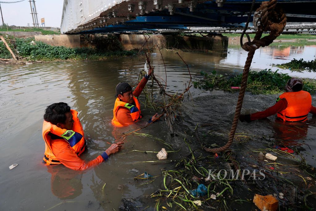 Tumbuhan eceng gondok dan berbagai jenis sampah dibersihkan agar tidak mengganggu aliran air di Kanal Banjir Timur, Kota Semarang, Jawa Tengah, Jumat (8/12/2023). 