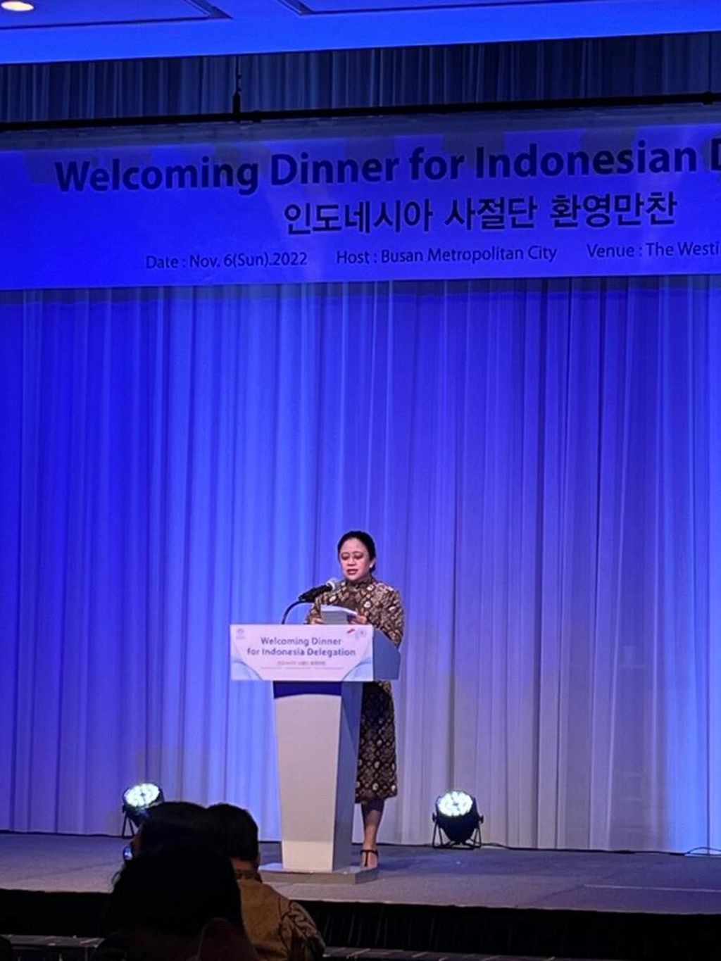 Ketua DPR Puan Maharani  berpidato saat  menghadiri acara makan malam yang digelar Wali Kota Busan, Korea Selatan, Minggu (6/11/2022). 