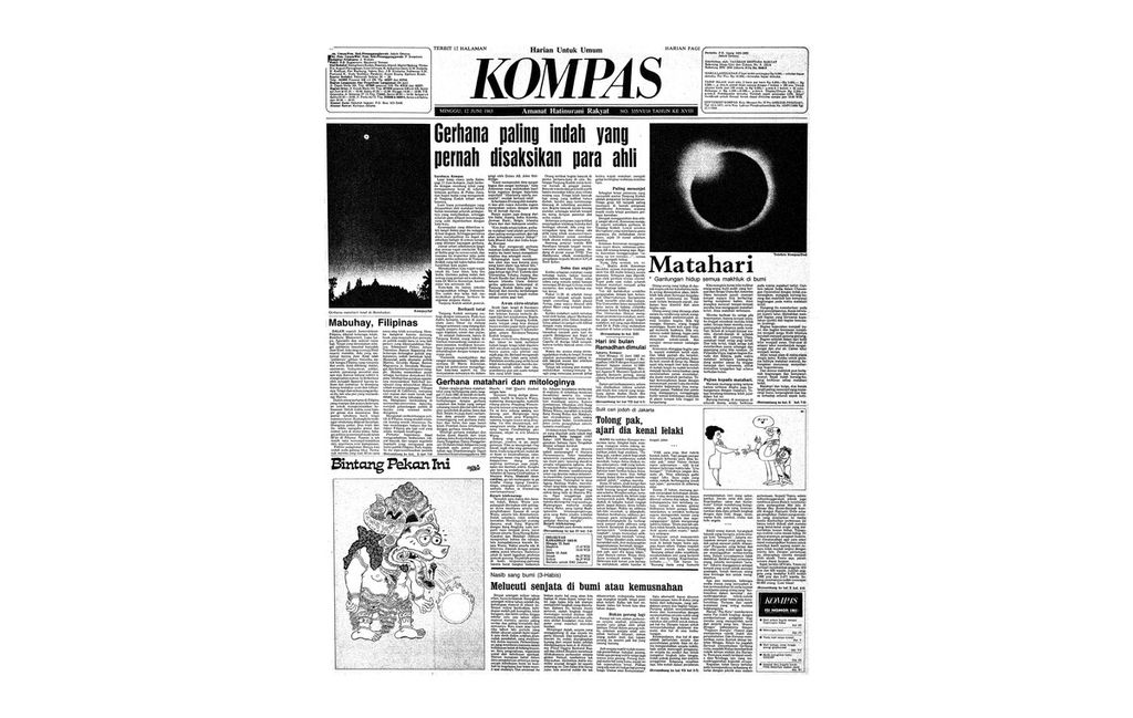 Berita gerhana matahari total berjudul "Gerhana Paling Indah yang Pernah Disaksikan Para Ahli" yang terbit di Harian Kompas, 12 Juni 1983.