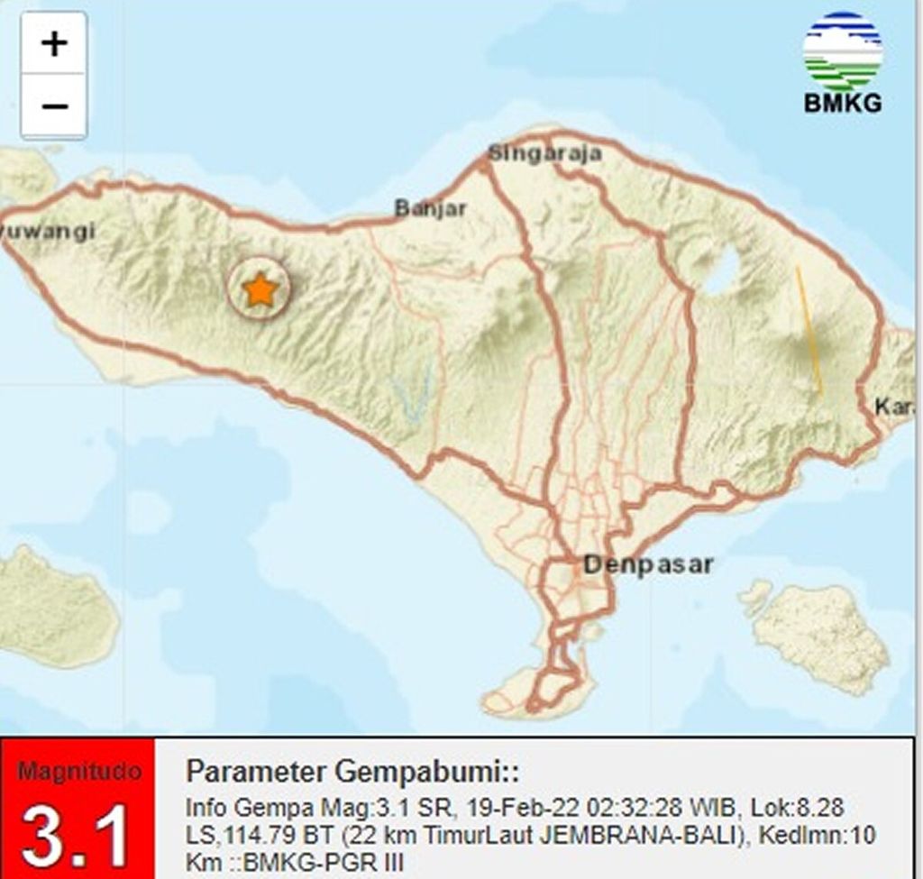Gambar peta Bali dengan episenter gempa bumi bermagnitudo 3,1 yang terjadi Sabtu (19/2/2022) sekitar pukul 03.32 Wita. 