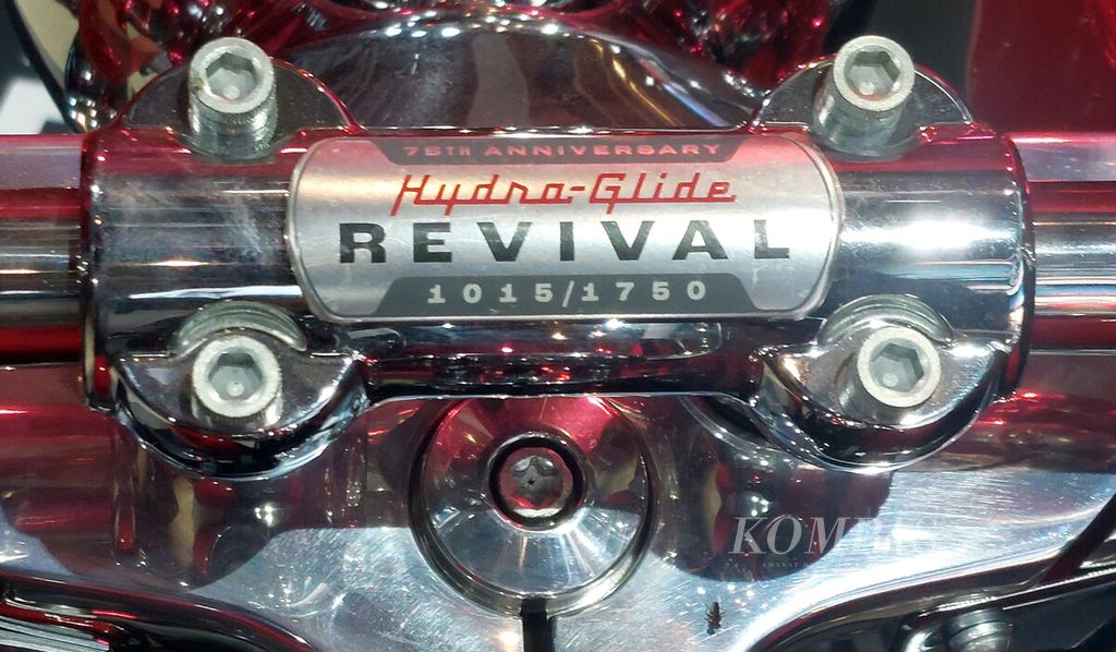 Detail nomor seri Hydra-Glide Revival di tutup peninggi setang pada Hydra-Glide Revival 2024.