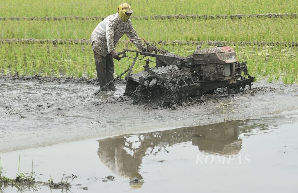 Petani membajak sawah dengan traktor di Kecamatan Buduran, Kabupaten Sidoarjo, Jawa Timur, Senin (5/9/2022). 
