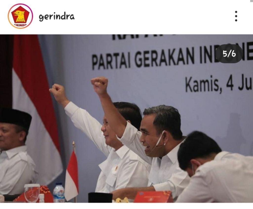 Tangkapan layar dari akun resmi Partai Gerindra di Instagram saat Ketua Umum Partai Gerindra Prabowo Subianto didampingi Sekretaris Jenderal Gerindra Ahmad Muzani memimpin Rapat Pimpinan Nasional Gerindra, Kamis (4/6/2020). Dalam rapat itu, Prabowo diminta seluruh pengurus Gerindra di daerah untuk kembali memimpin Gerindra untuk periode 2020-2025.