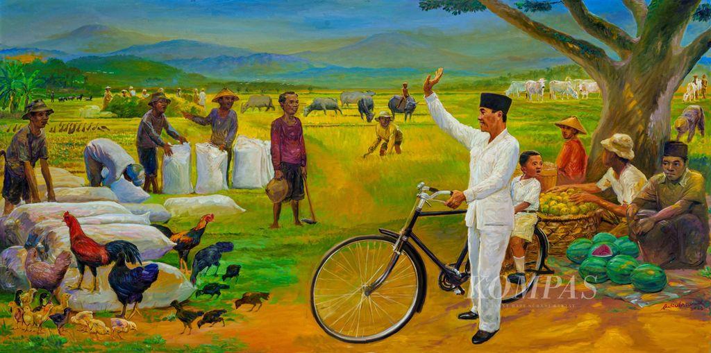 Lukisan berjudul ”Greeting to Fertile Lands and Marhaen the Farmer” karya Budi Ubrux