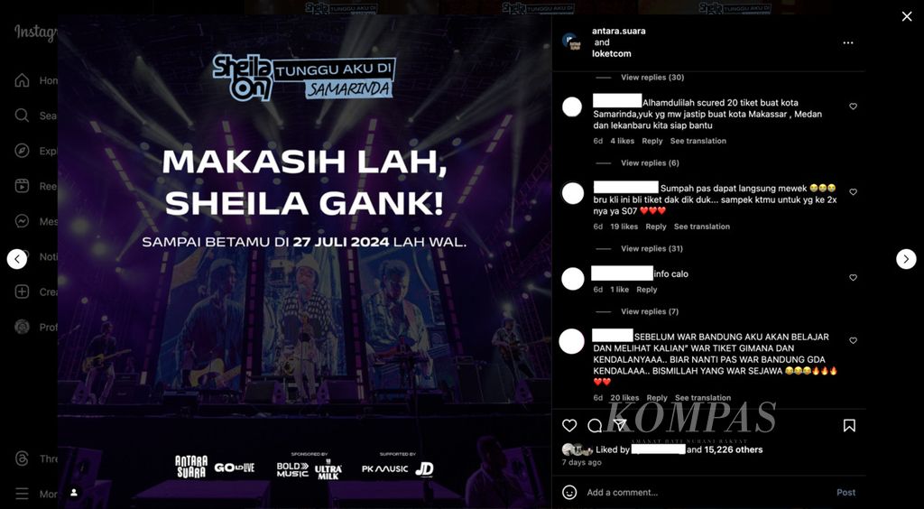 Tangkapan layar akun Instagram Antara Suara yang mengumumkan tiket Sheila on 7 di Samarinda, Kaltim, habis terjual.