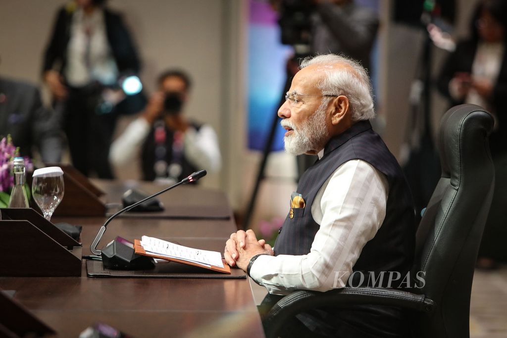Perdana Menteri India Narendra Modi berbicara dalam KTT Ke-20 ASEAN dan India di Jakarta, Kamis (7/9/2023). 