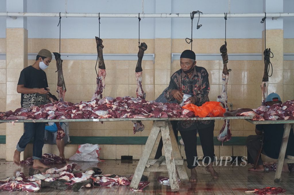 Anggota panitia pemotongan kurban mengukur berat daging hewan kurban yang baru saja dipotong di Masjid Agung Al-Falah Kyai Modjo, Kampung Jawa Tondano, Minahasa, Sulawesi Utara, pada perayaan Idul Adha 1441 Hijriah, Jumat (31/7/2020). Sebanyak 13 sapi dan lima kambing akan dipotong sebagai hewan kurban.