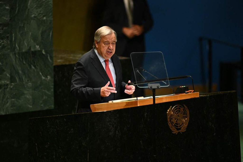 Sekretaris Jenderal PBB Antonio Guterres berpidato pada sidang umum ke-79 Majelis Umum PBB di Markas Besar PBB di New York, Amerika Serikat, Selasa (24/9/2024). 