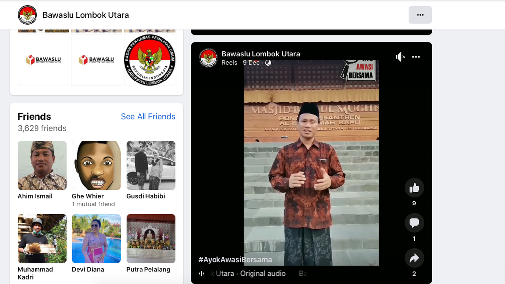 Tangkapan layar akun Facebook Bawaslu Lombok Utara mengunggah konten video berisi ajakan dari tokoh agama untuk menolak praktik politik uang dan pelanggaran lain saat Pemilu 2024 mendatang, seperti terlihat Jumat (9/12/2022).