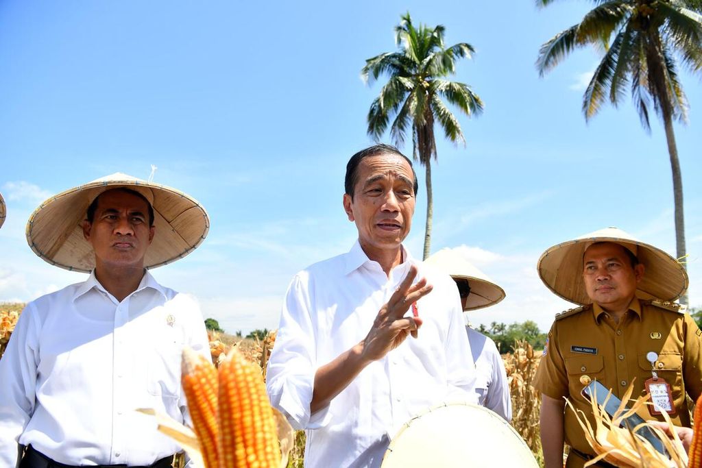 President Jokowi gave a statement to journalists after inspecting the corn harvest in Boalemo Regency, Gorontalo Province, Monday (22/4/2024).