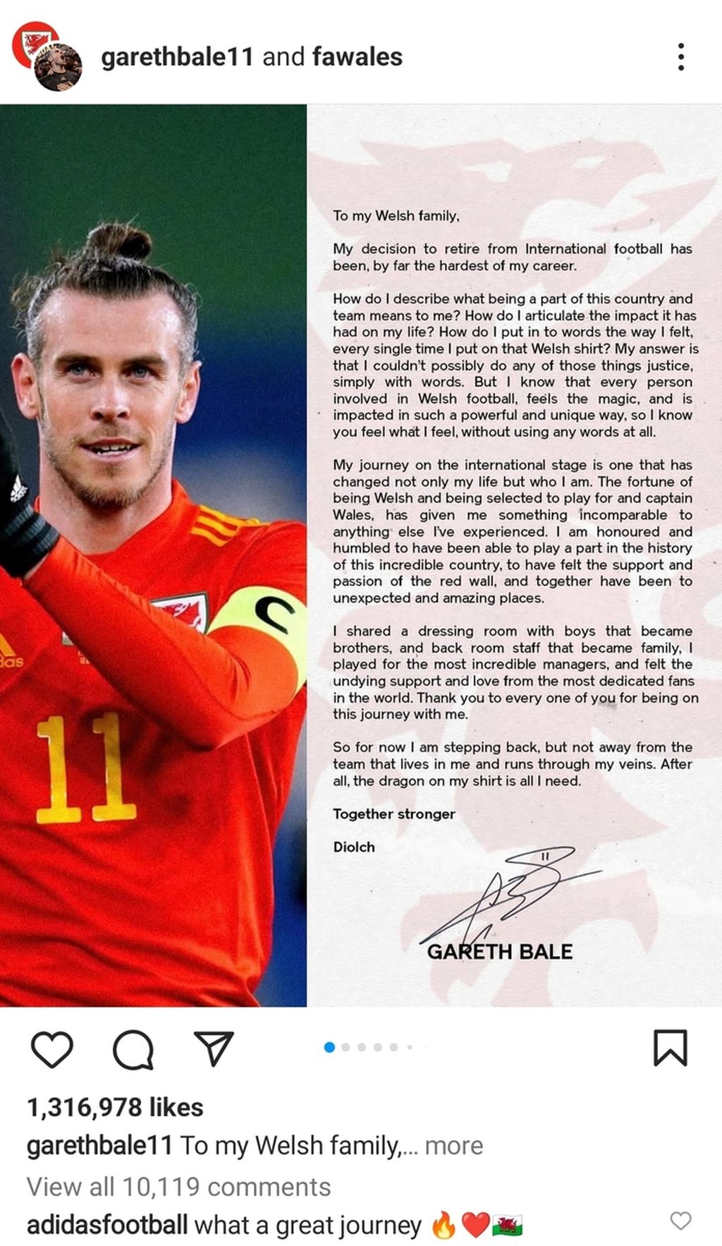 Keterangan Gareth Bale dalam akunnya di Instagram soal keputusan pensiun dari sepak bola.