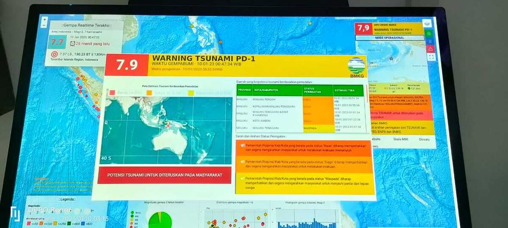 Layar monitor berisi informasi gempa dengan magnitudo 7,9 di Laut Banda, Maluku, Selasa (10/1/2023). 