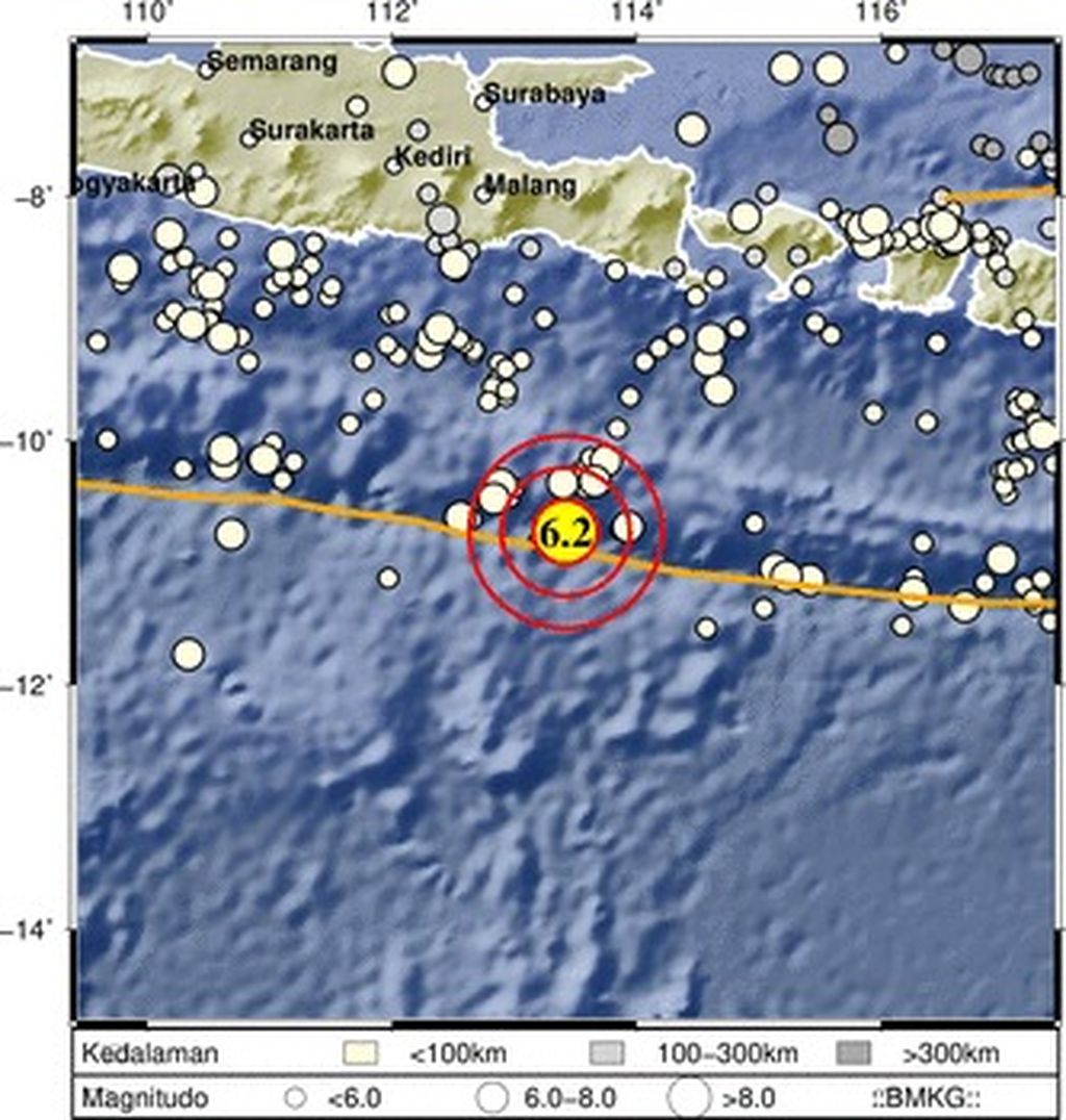 Gempa bumi berkekuatan M 6 mengguncang wilayah Jember, Jawa Timur, pada Selasa (6/12/2022) pukul 13.07. Sumber: BMKG