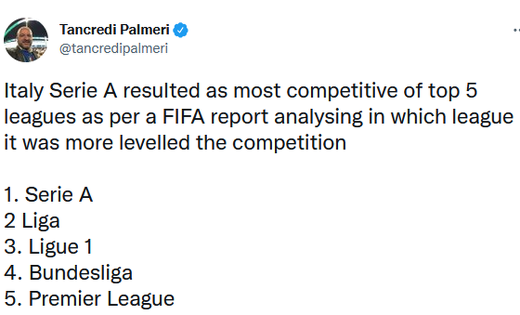 Kicauan Trancedi Palmeri, pengamat sepak bola Liga Italia, mengenai sengitnya persaingan di Liga Italia.