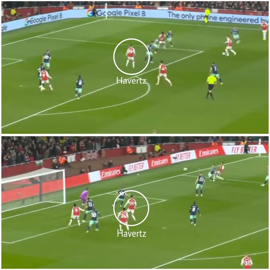 Pergerakan penyerang Arsenal Kai Havertz dari titik buta lawan saat mencetak gol ke gawang Brentford, pada Minggu (10/3/2024) di Stadion Emirates.