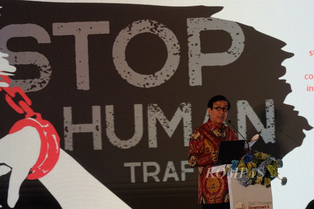 Menteri Hukum dan Hak Asasi Manusia Yasonna H Laoly berbicara dalam Government and Business Forum (GABF) Tech Forum 2023, Kamis (10/8/2023) di Denpasar, Bali.