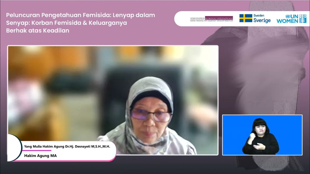 Hakim Agung Mahkamah Agung (MA) Desnayeti dalam peluncuran pengetahuan femisida "Lenyap dalam Senyap" secara daring di Jakarta, Senin (28/11/2022).