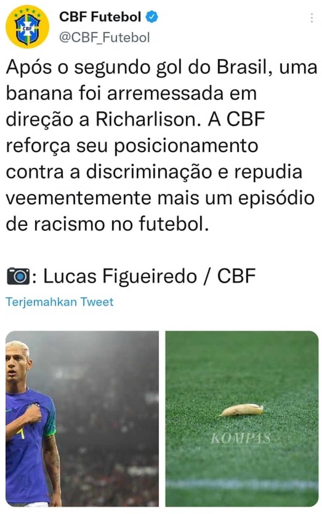 Foto tangkapan layar pernyataan Federasi Sepak bola Brasil (CBF) yang menyesalkan pelemparan pisang ke arah pemain Brasil, Richarlison, pada laga persahabatan melawan Tunisia di Stadion Parc des Princes, Paris, (Selasa (27/9/2022).