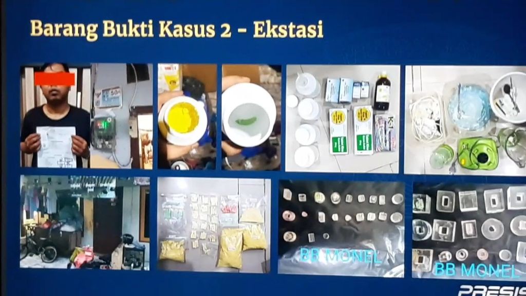 Foto-foto barang bukti bahan dan alat produksi rumahan narkoba jenis ekstasi di Jakarta Timur yang diungkap Polda Metro Jaya, di Jakarta, Rabu (19/10/2022)