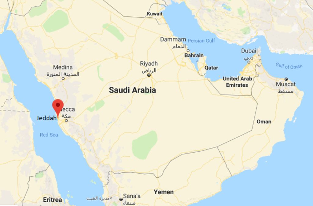 Location map of Jeddah, Mecca, Medina, and Riyadh, in Saudi Arabia.