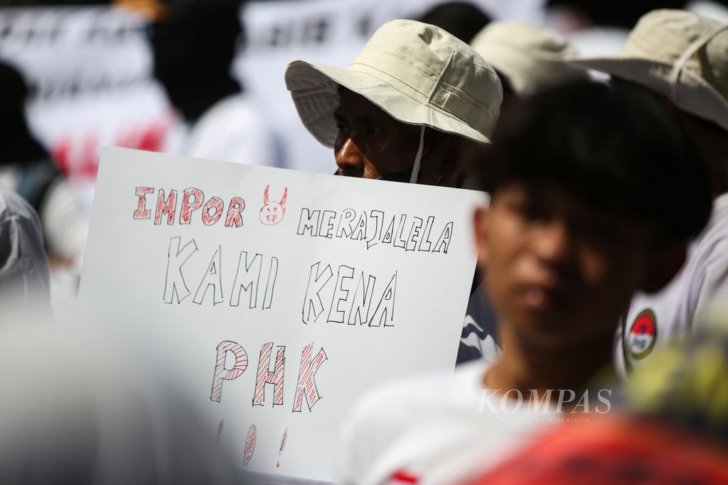 Pengunjuk rasa yang tergabung dalam Aliansi Industri Kecil Menengah (IKM) dan Pekerja Tekstil Nasional membawa poster bernada protes saat berunjuk rasa di patung kuda Arjuna Wijaya, Jakarta, Kamis (27/6/2024).