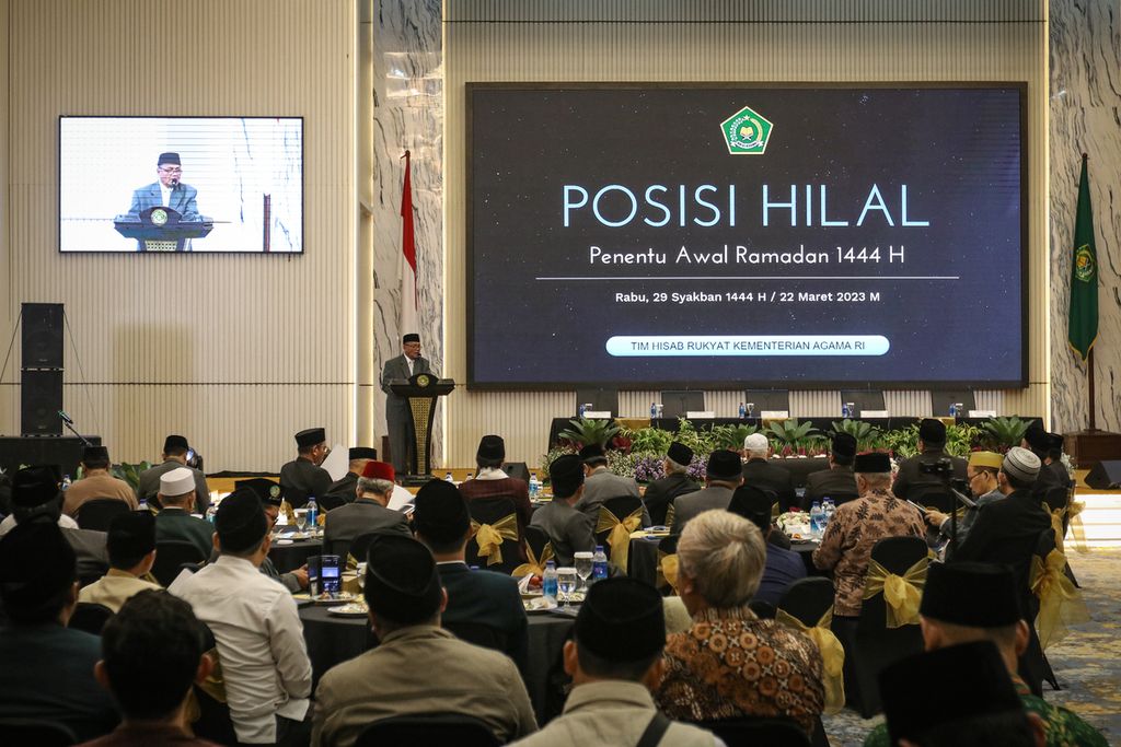 Suasana seminar pemaparan posisi hilal sebelum sidang isbat di Kantor Kementerian Agama, Jakarta, Rabu (22/3/2023).
