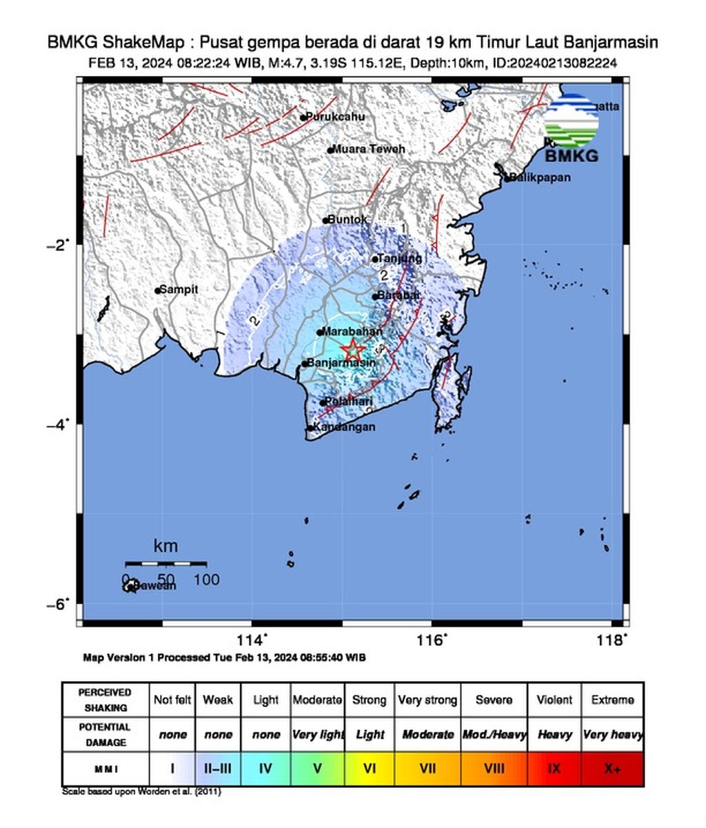 Gempa berkekuatan M 4,7 melanda Banjarmasin, Kalimantan Selatan, pada Selasa (13/2/2024) pukul 08.22 WIB.  