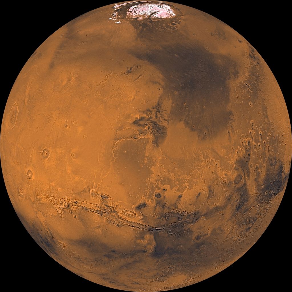 Citra planet Mars yang diambil oleh wahana pengorbit Viking milik Badan Penerbangan dan Antariksa Nasional Amerika Serikat (NASA) pada 8 Juni 1998. 