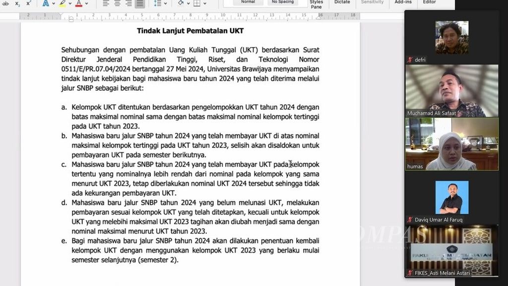 Tangkapan layar Zoom konferensi pers terkait kebijakan uang kuliah tunggal oleh Universitas Brawijaya Malang, Selasa (28/5/2024).