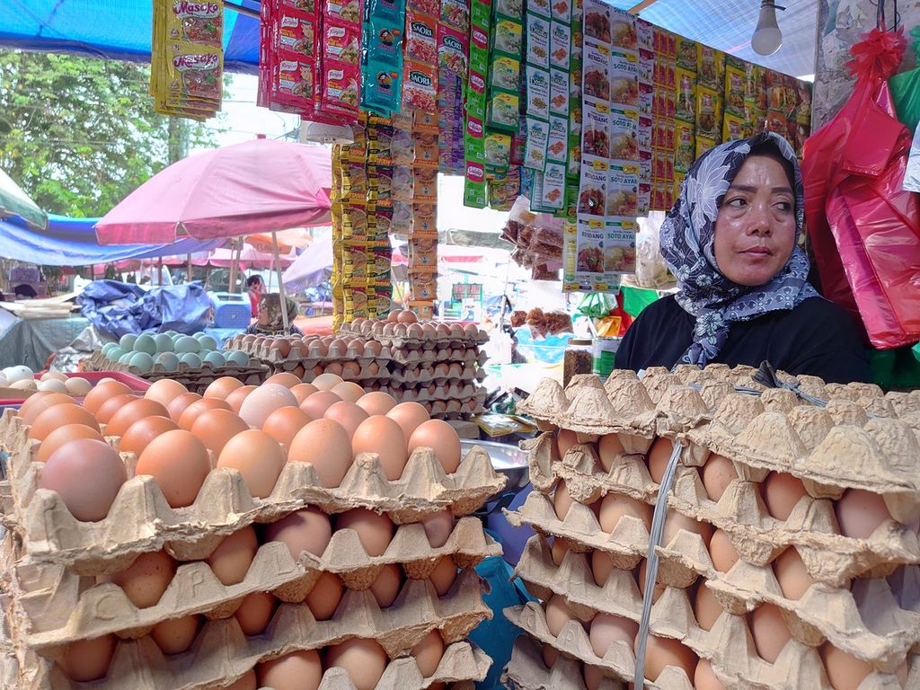 Pedagang telur di Pasar Tugu, Kota Bandar Lampung, Lampung, menunggu pembeli, Jumat (26/8/2022). Saat ini harga jual telur di Lampung berkisar Rp 29.000-Rp 30.000 per kilogram.