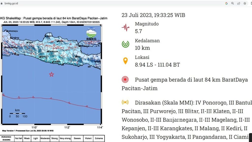 Tangkapan layar dari Laman BMKG soal gempa di barat daya Pacitan, Jawa Timur, yang terjadi pada Minggu (23/7/2023) malam.