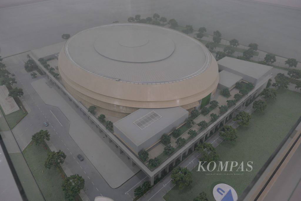 Maket Indonesia Arena, Kompleks Olahraga Gelora Bung Karno, Senayan, Jakarta, Selasa (11/7/2023). Indonesia Arena yang menjadi lokasi pertandingan Piala Dunia Bola Basket FIBA 2023 dianggap layak untuk menyelenggarakan ajang tersebut. 