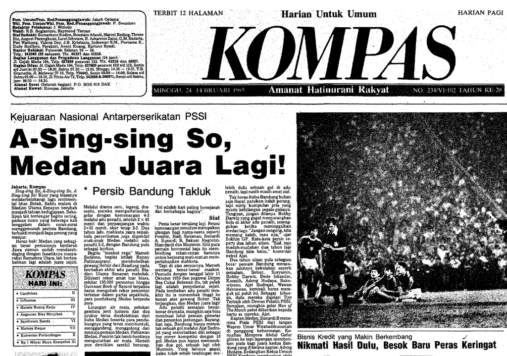 Berita utama di halaman 1 harian <i>Kompas </i>pada 24 Februari 1985 mengulas tentang kemenangan PSMS Medan pada laga final melawan Persib Bandung pada Divisi Utama PSSI di Stadion Utama Senayan, sehari sebelumnya.