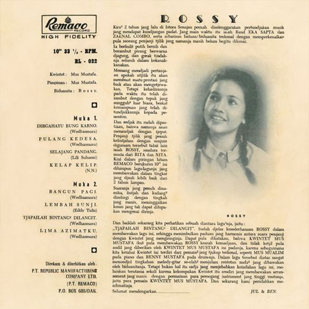 Rossy, penyanyi yang membawakan lagu Dirgahayu Bung Karno dan lagu-lagu terkait dinamika politik era 1960-an dalam album Rossy.